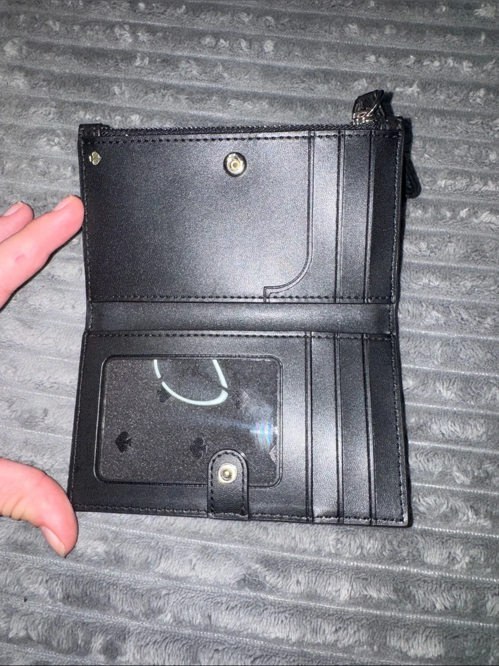 kate spade Black Pebbled Leather Zip Card Pouch with Gold Logo